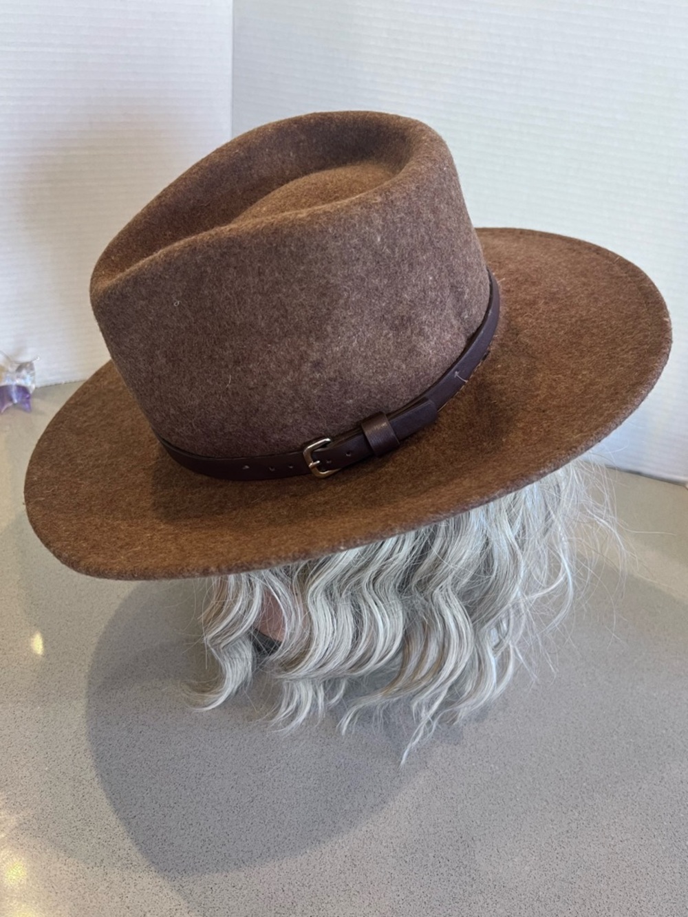 Classic Brown Wide-Brim Wool Felt Fedora Hat Band Buckle Detail One Size